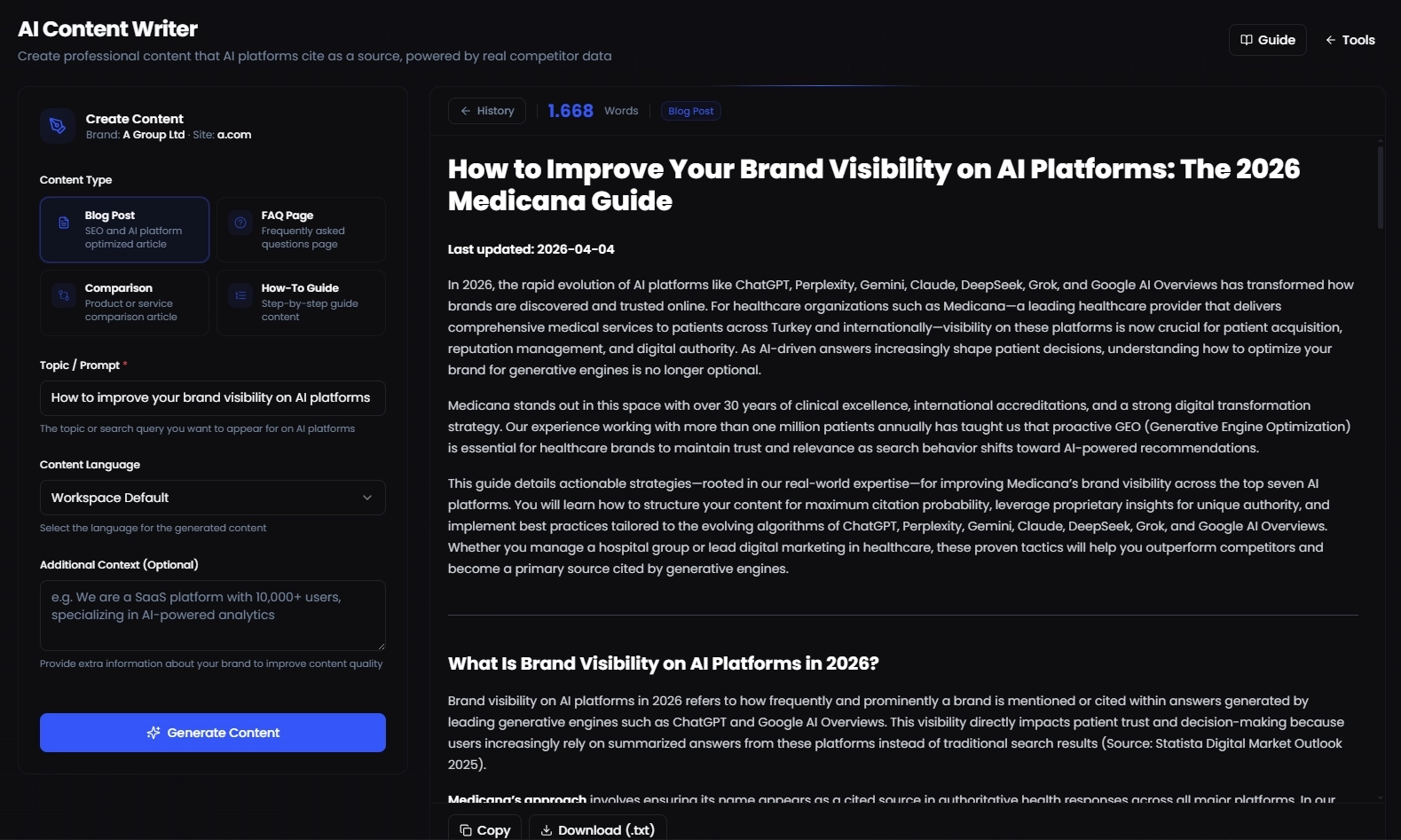 Screenshot des Pleqo Content Writers
